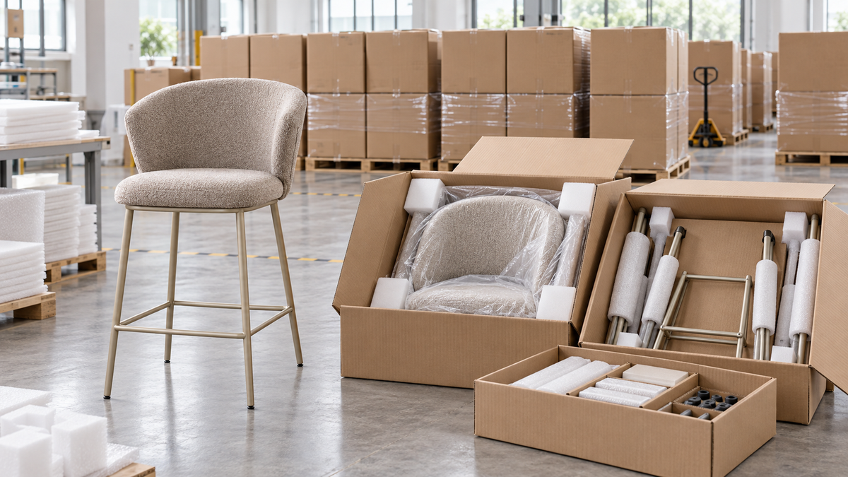 Export-ready packing for upholstered bar and counter stool wholesale supply