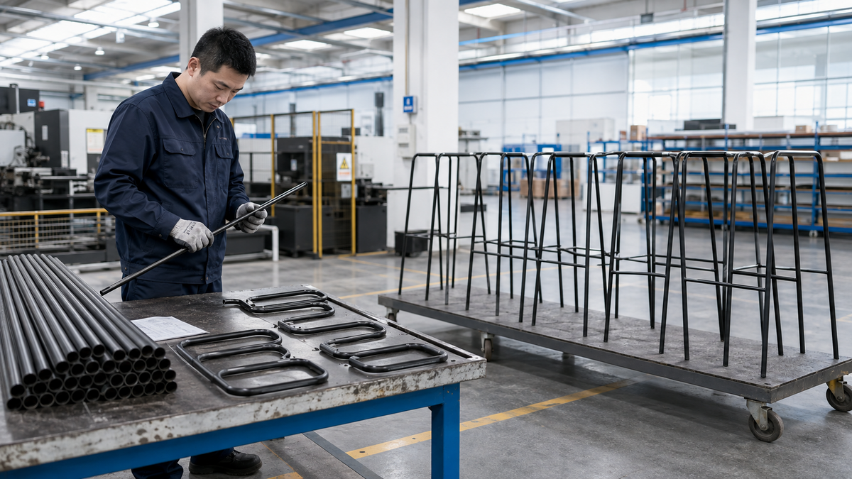 GEYA technician preparing metal frame components and stool bases for commercial seating production.
