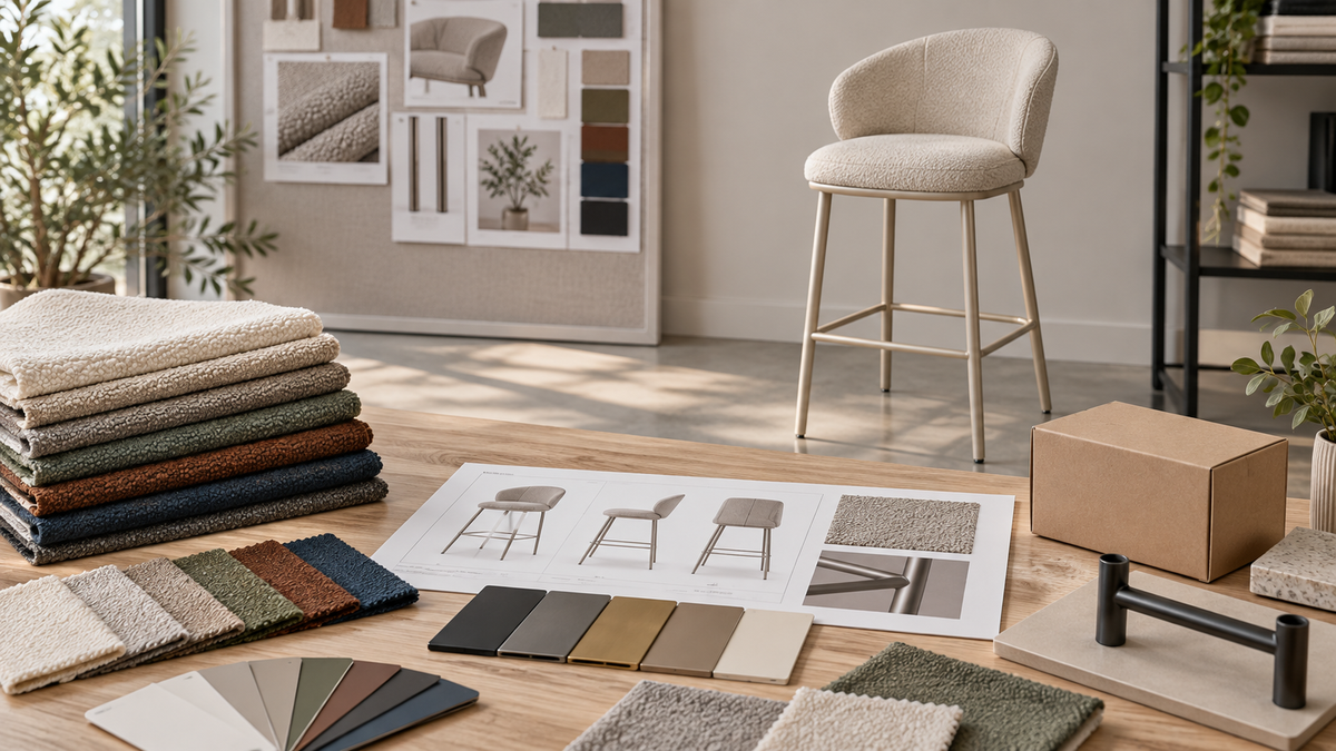 Upholstery and metal finish options for private-label bar stool repeat orders