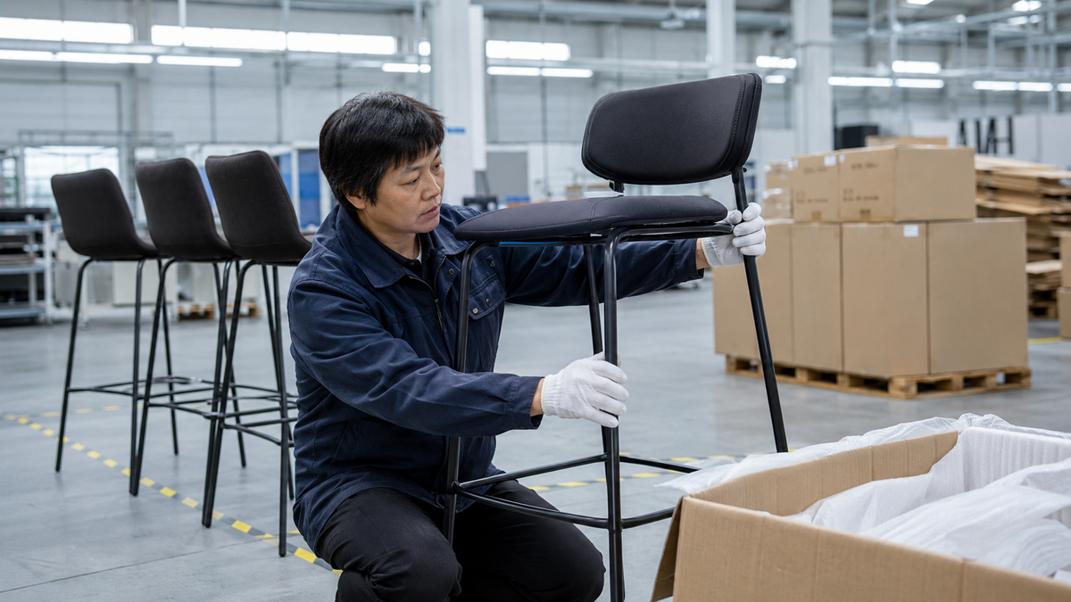 GEYA quality inspector checking a commercial bar stool before export packing.