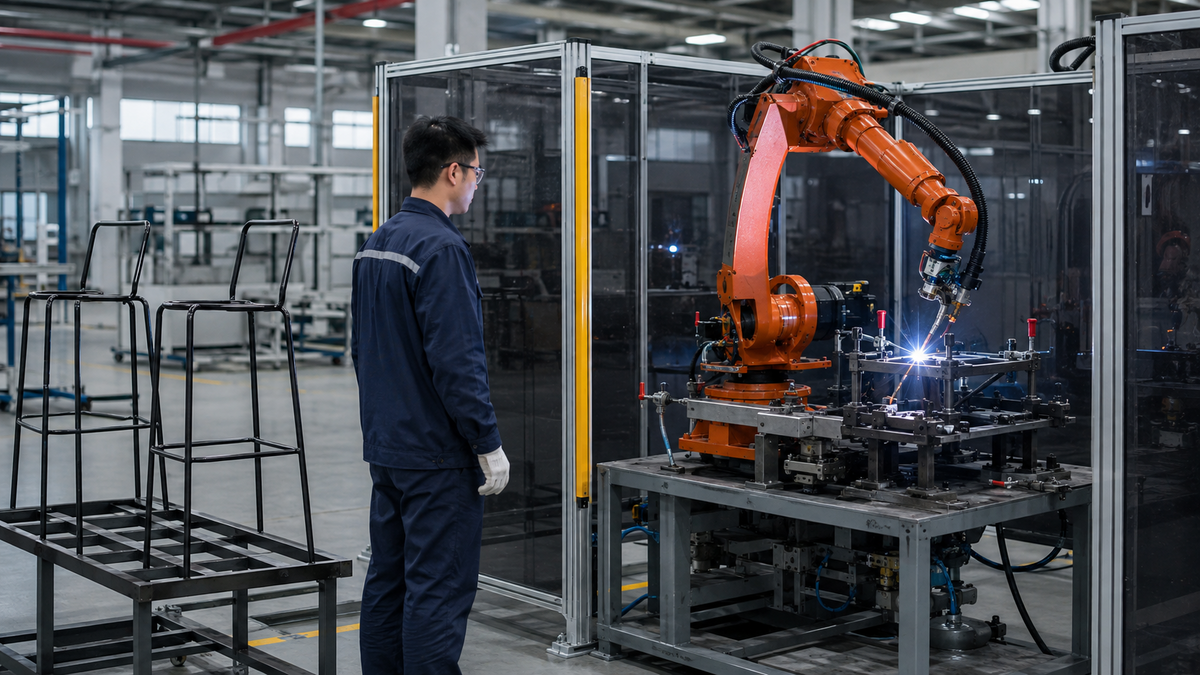 Robotic welding of a commercial metal bar stool frame in the GEYA furniture factory.