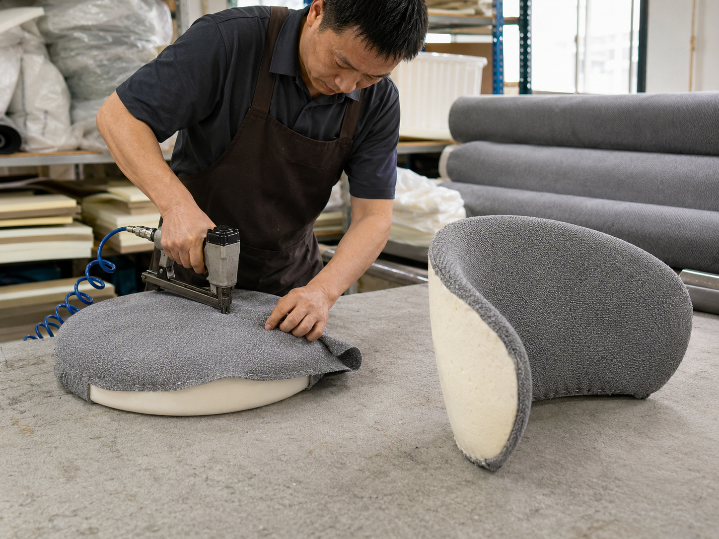 Foam and fabric upholstery assembly for curved-back bar stools at the GEYA factory