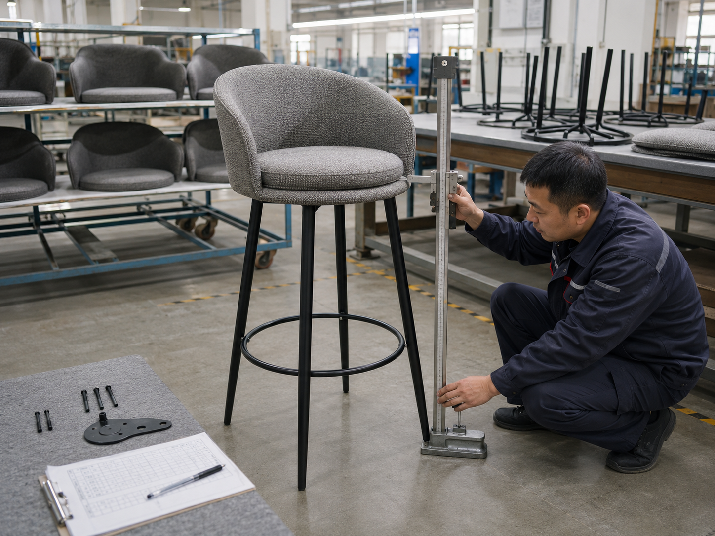 Trial assembly and dimensional inspection of an upholstered counter stool before KD packing