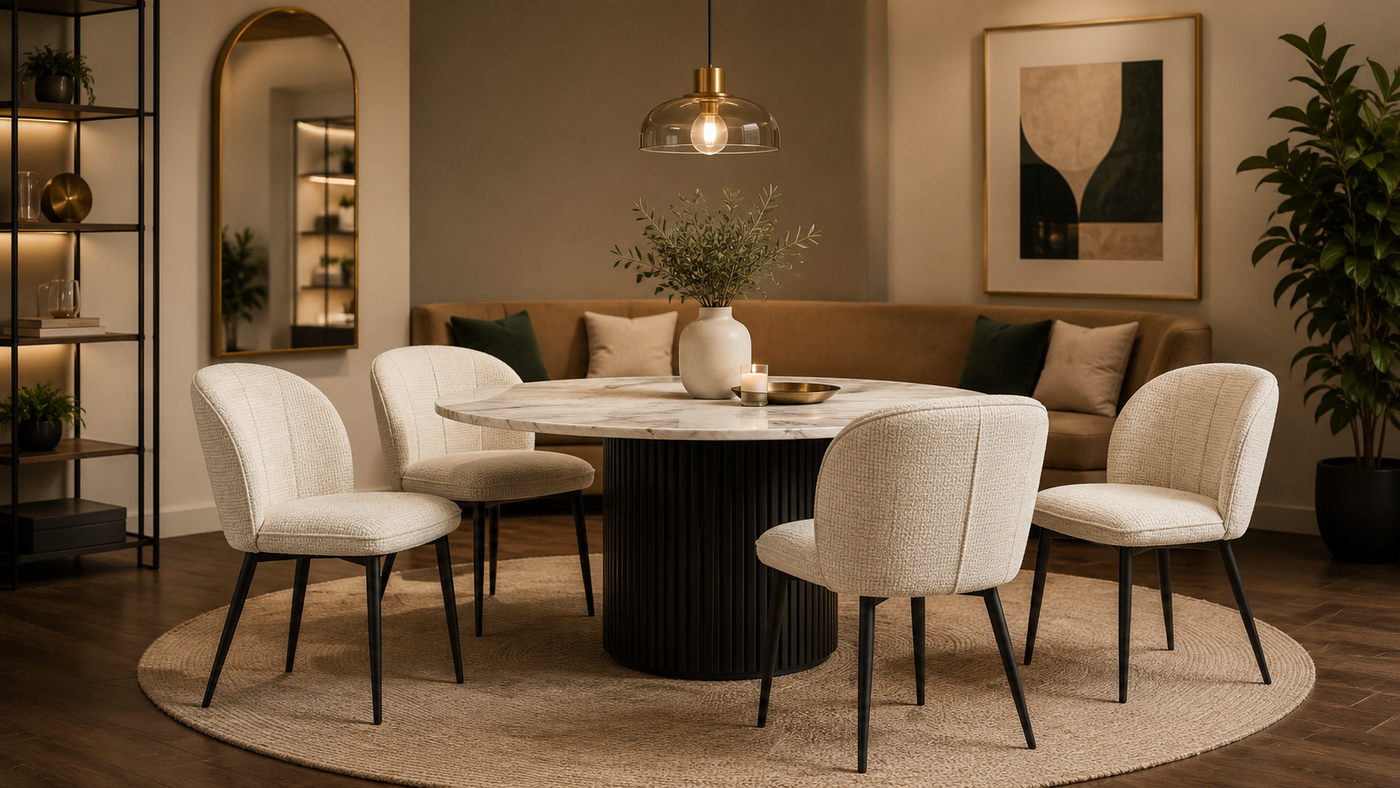 Bouclé barrel-back dining chair in cream around round marble dining table in warm residential interior — DC-3155
