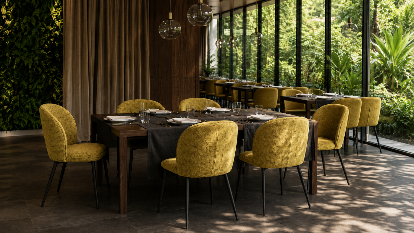 Bouclé barrel-back dining chair in mustard arranged around dark wood dining table in restaurant interior with floor-to-ceiling windows — DC-3155