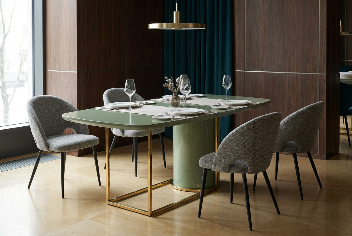 Barrel-curved pedestal table with upholstered dining chairs in a boutique hospitality restaurant, T-64