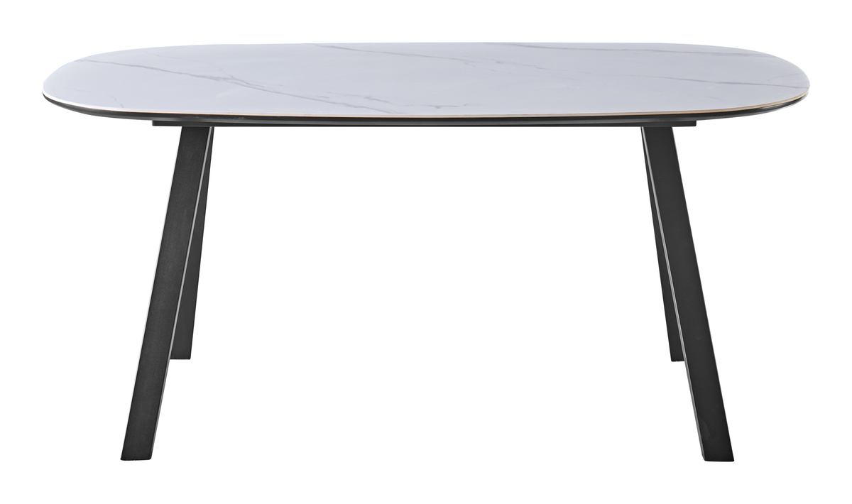 Barrel-top dining table in snow white with black splayed steel legs, 1600 mm long and 750 mm high, GEYA Seating T-309