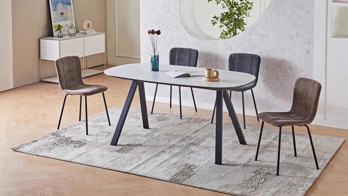 Barrel-top sintered stone dining table in a contemporary residential dining room with upholstered chairs, T-309
