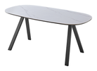 Barrel-top sintered stone dining table in snow mountain white with black splayed steel legs, GEYA Seating T-309