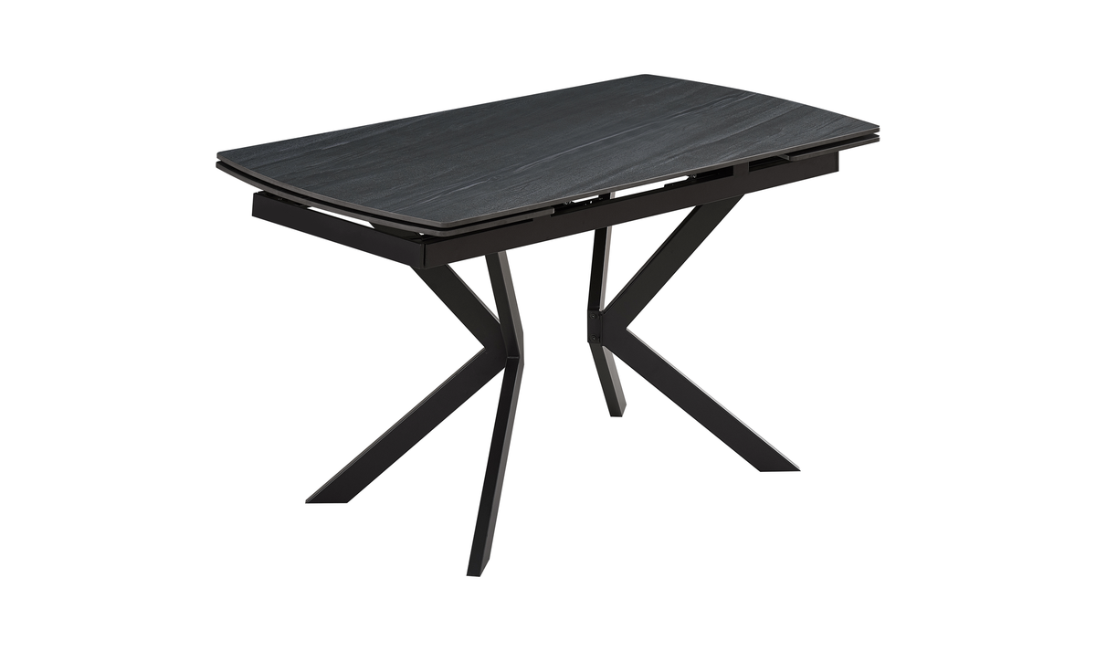 Compact sintered stone dining table in black stone finish at 1400 mm closed position with angular legs, T-105