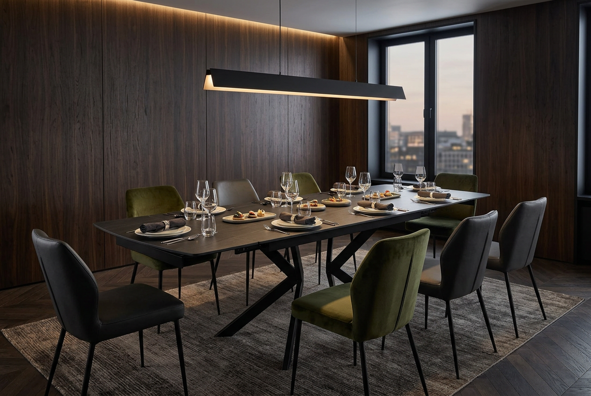  Extending black sintered stone dining table expanded to 2000 mm in hotel executive dining suite, T-105