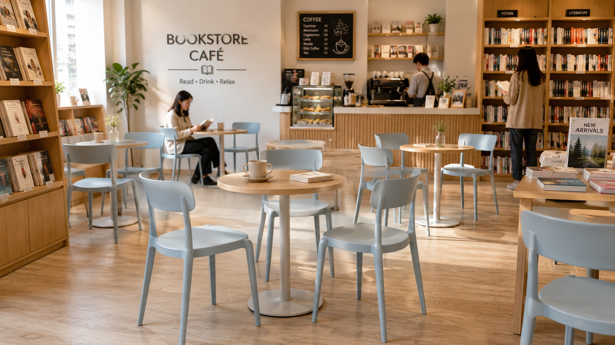 Soft Blue PP Chairs in a Bookstore Café with [