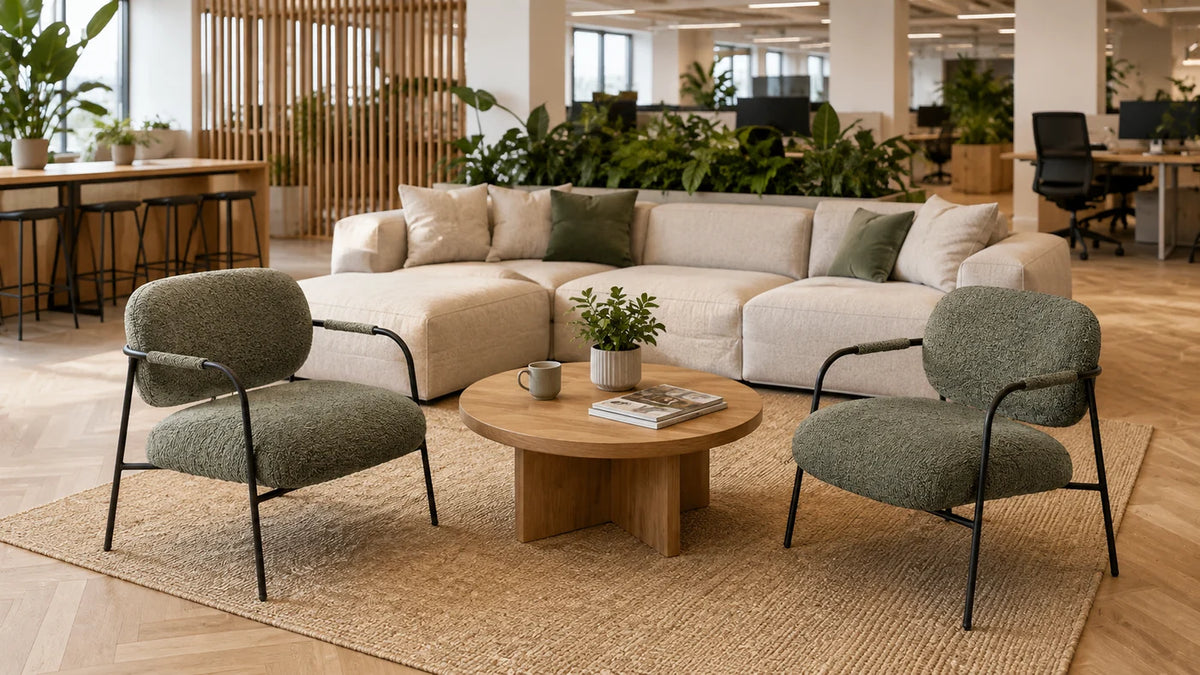 Commercial lounge chairs in a modern coworking and breakout space