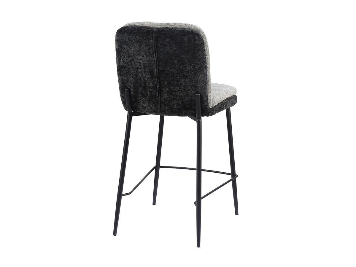 Upholstered bar stool rear view showing the charcoal outer back, vertical seam and steel back brackets, BC-110-750