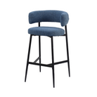 Bouclé bar stool in dusty blue with a curved upholstered back and visible gap above the rounded seat, GEYA Seating BC-89-750
