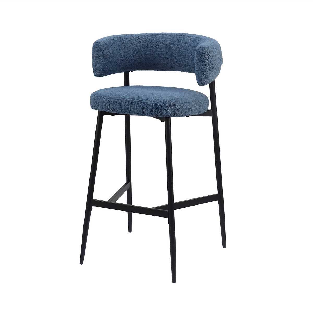 Bouclé bar stool in dusty blue with a curved upholstered back and visible gap above the rounded seat, GEYA Seating BC-89-750
