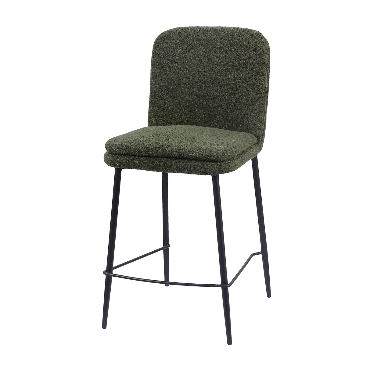 Upholstered bar stool in forest green showing the thick padded backrest and layered seat cushion, BC-110-750