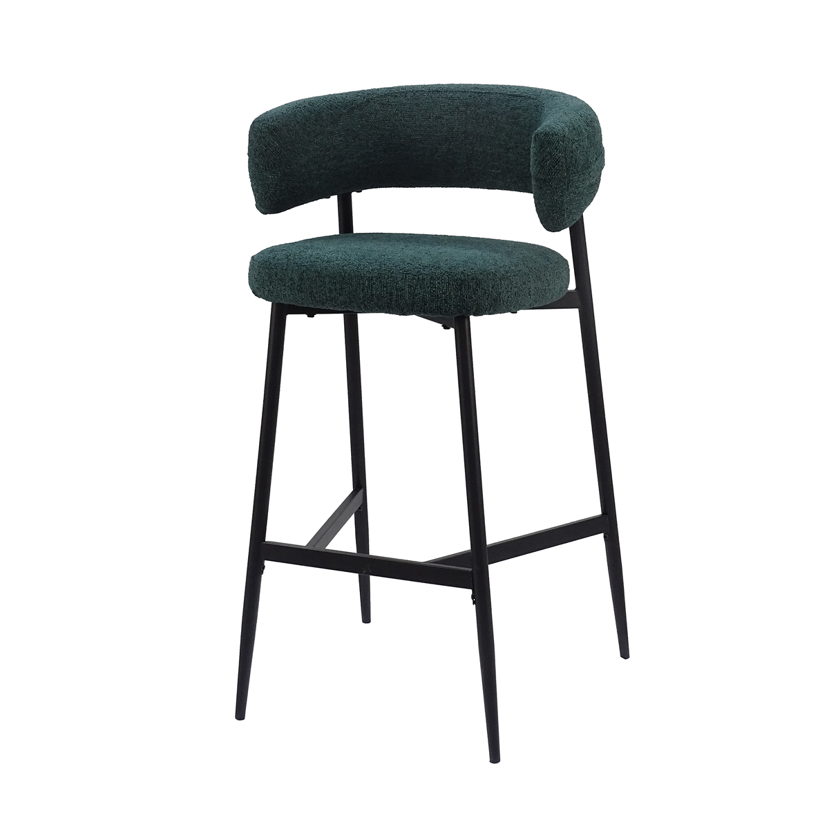 Bouclé bar stool in deep teal showing the horizontal padded back above a black four-leg frame, BC-89-750

