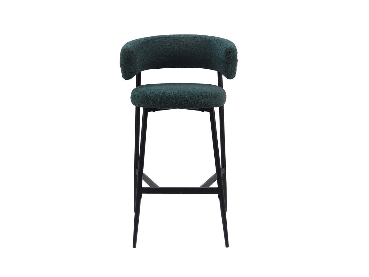 Bouclé bar stool front view in deep teal showing the space between its horizontal backrest and separate seat, GEYA Seating BC-89-750