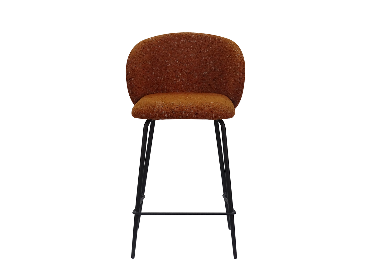 Bouclé bar stool front view in rust brown showing the broad rounded backrest above the separate seat, GEYA Seating BC-107