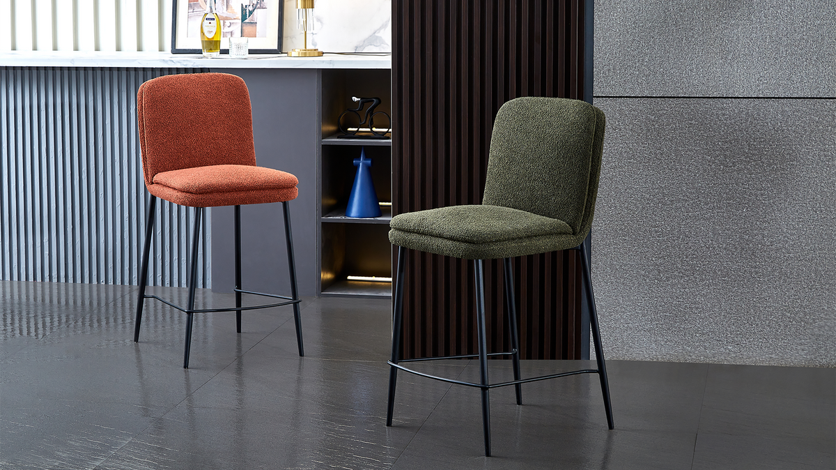 Upholstered bar stools in green and terracotta with thick padded backs beside a slatted partition, BC-110-750