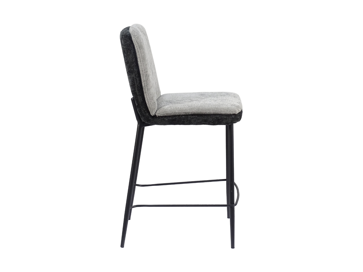 Upholstered bar stool side view highlighting the 90 mm back thickness and tapered round steel legs, BC-110-750