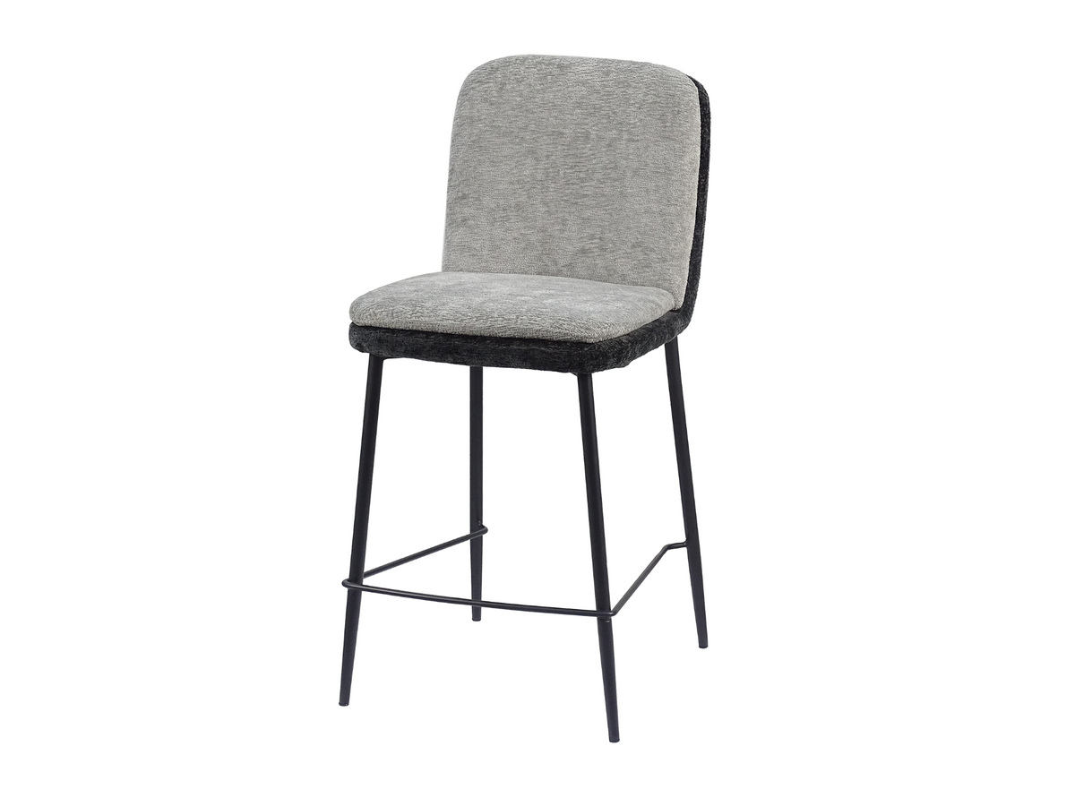 Upholstered bar stool in three-quarter view showing the layered seat and footrest with side stretchers, BC-110-750