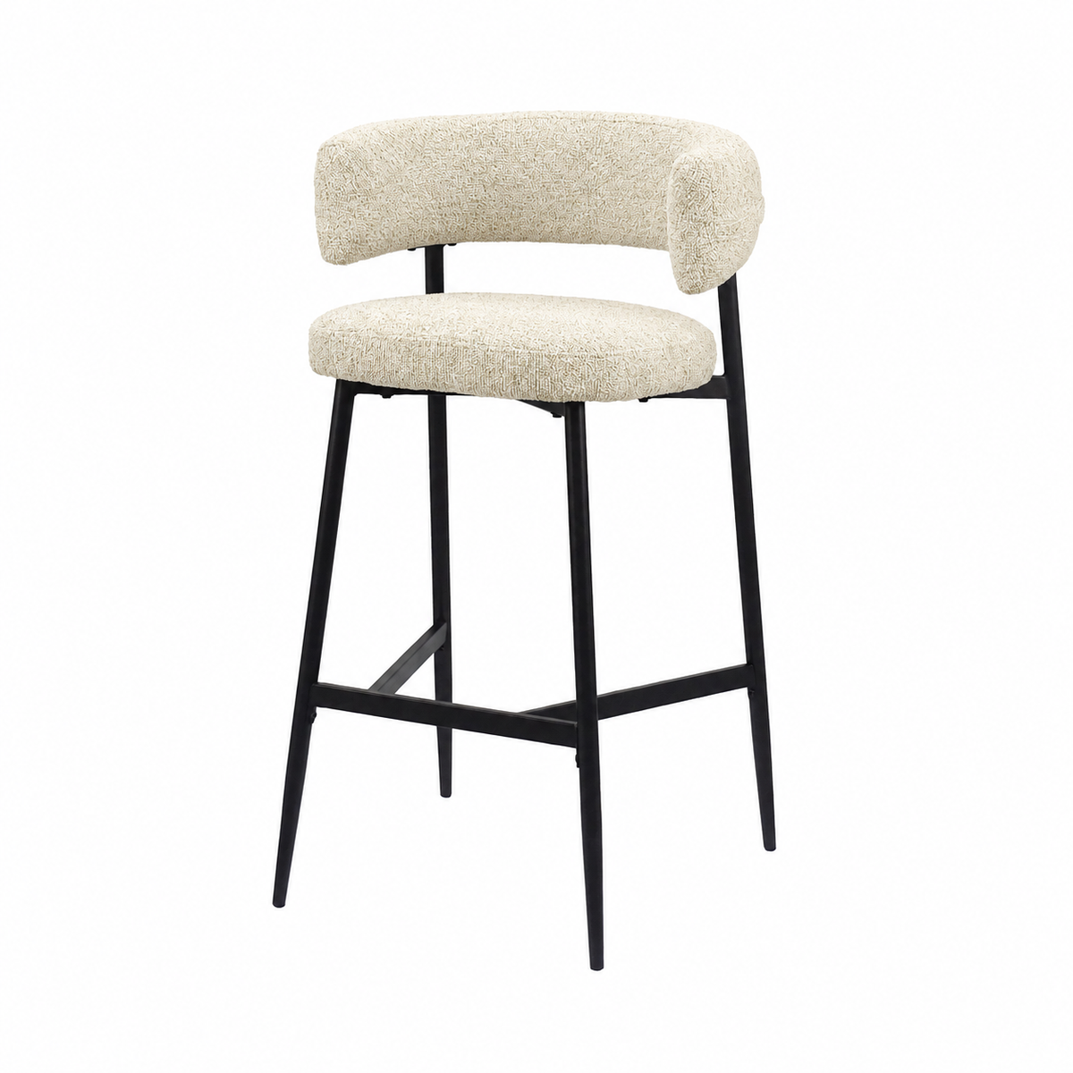 Bouclé bar stool in ivory with a separate rounded seat and a straight front footrest on the black frame, BC-89-750
