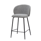 Bouclé bar stool in light grey with a rounded seat above a black four-leg frame and front footrest, BC-107

