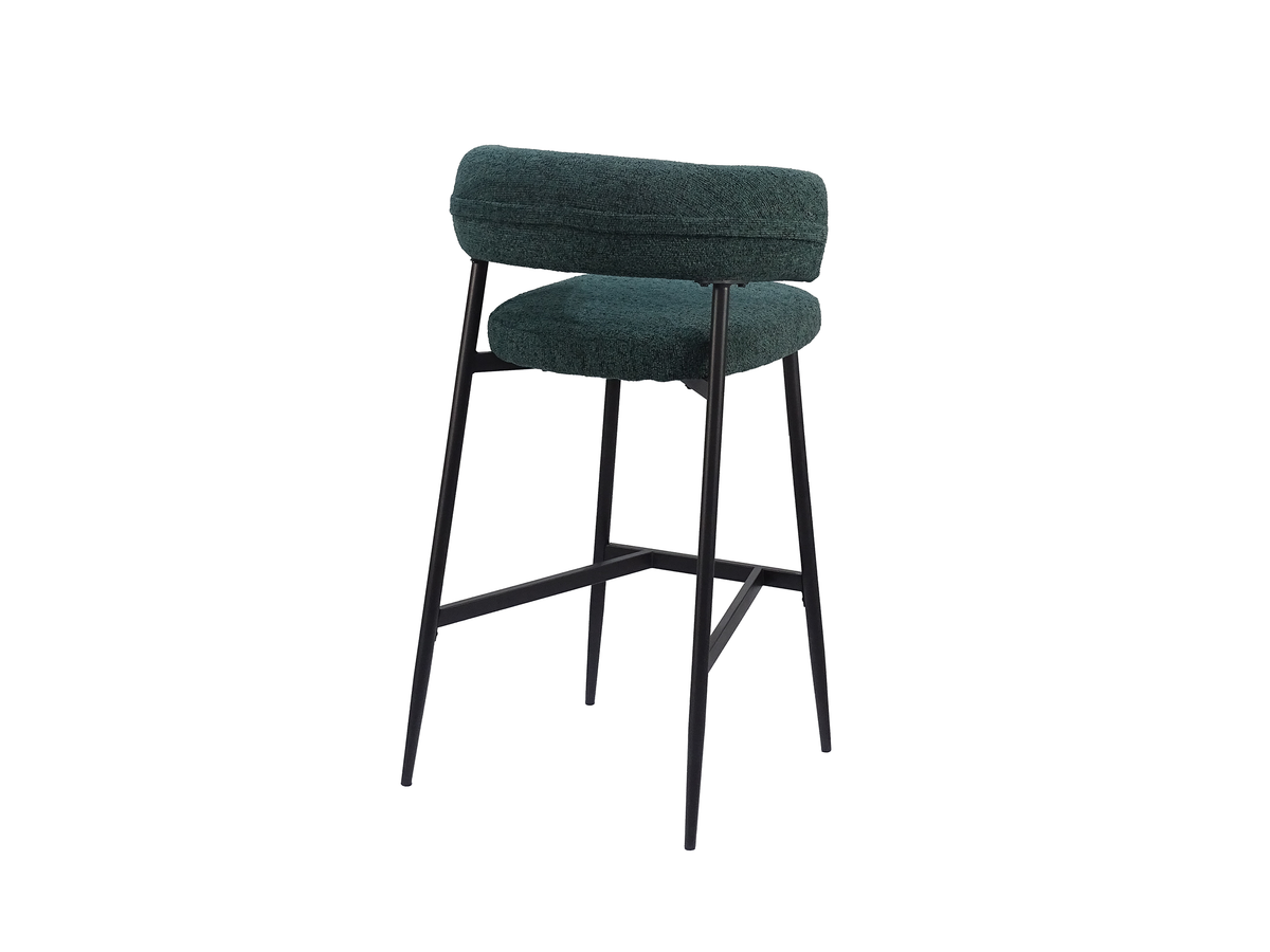 Bouclé bar stool rear view showing the padded backrest above its visible supports and four-leg base, BC-89-750