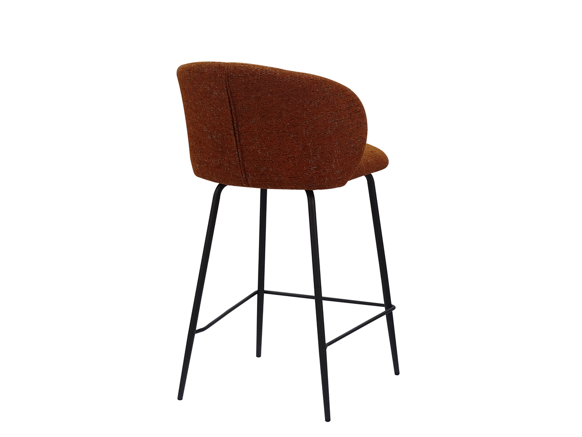 Bouclé bar stool rear view showing the rounded upholstered back outline and its vertical rear seam, BC-107