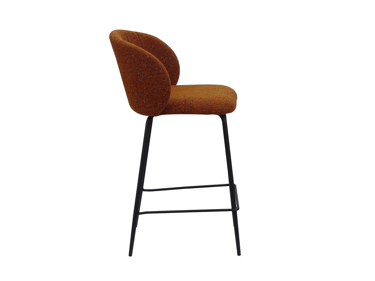 Bouclé bar stool side view showing the backrest curving forward toward the seat and a straight front footrest, BC-107