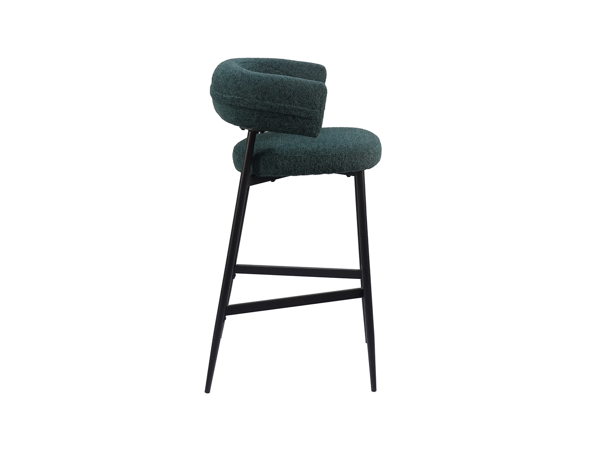 Bouclé bar stool side view showing the thickness and separation of the upholstered backrest and seat, BC-89-750