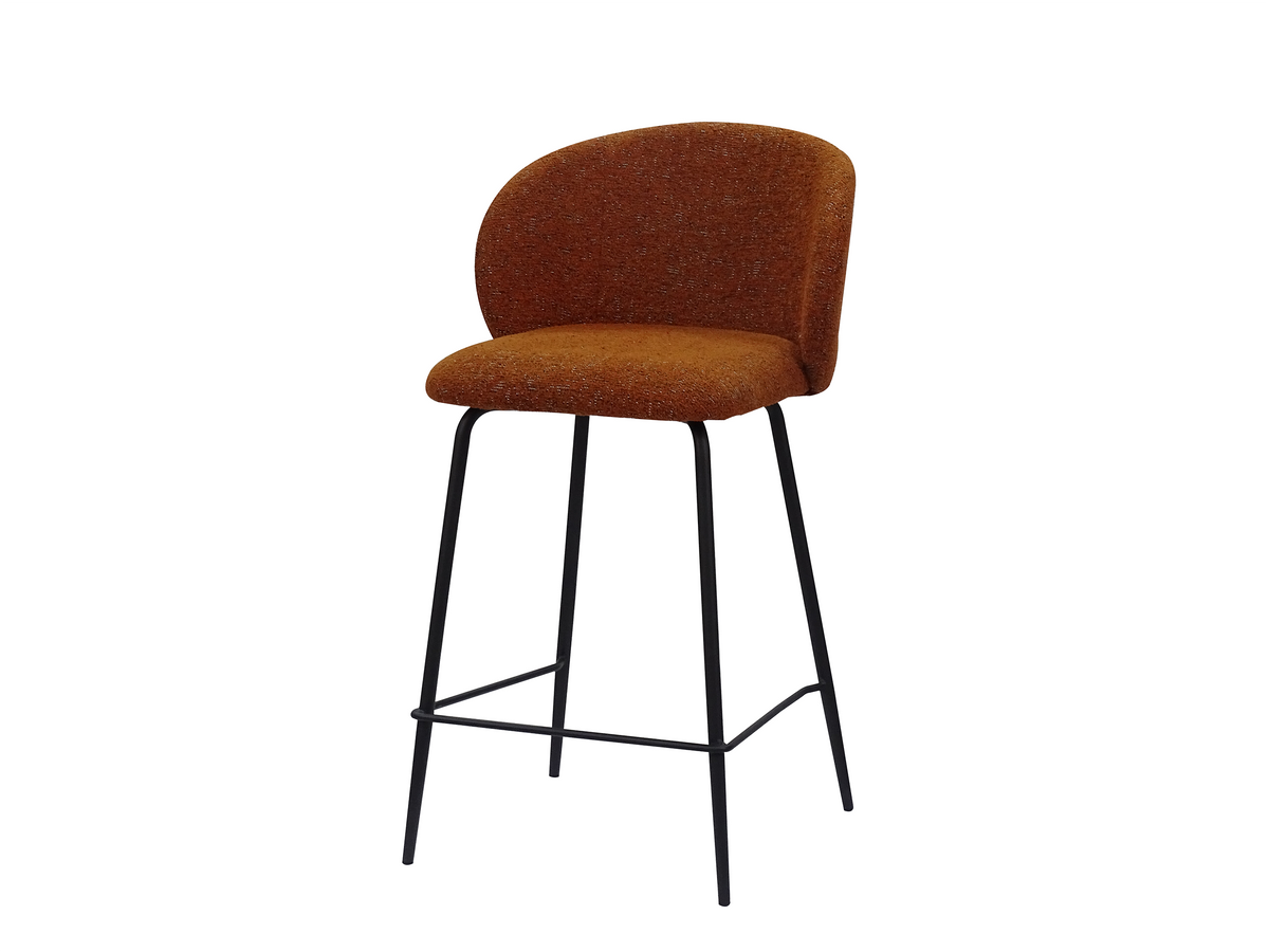 Bouclé bar stool three-quarter view showing the wraparound seat profile above an open black four-leg frame, BC-107