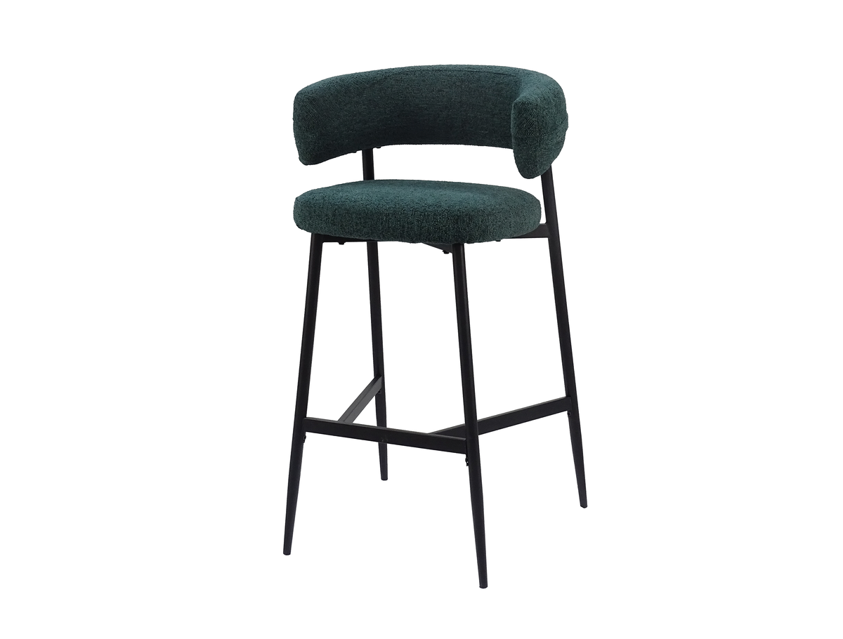 Bouclé bar stool three-quarter view showing the front footrest and side stretcher arrangement beneath the open-backed seat, BC-89-750