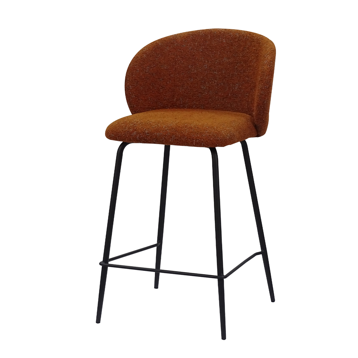 Bouclé bar stool in rust brown with a wide rounded wraparound back and separate upholstered seat, GEYA Seating BC-107
