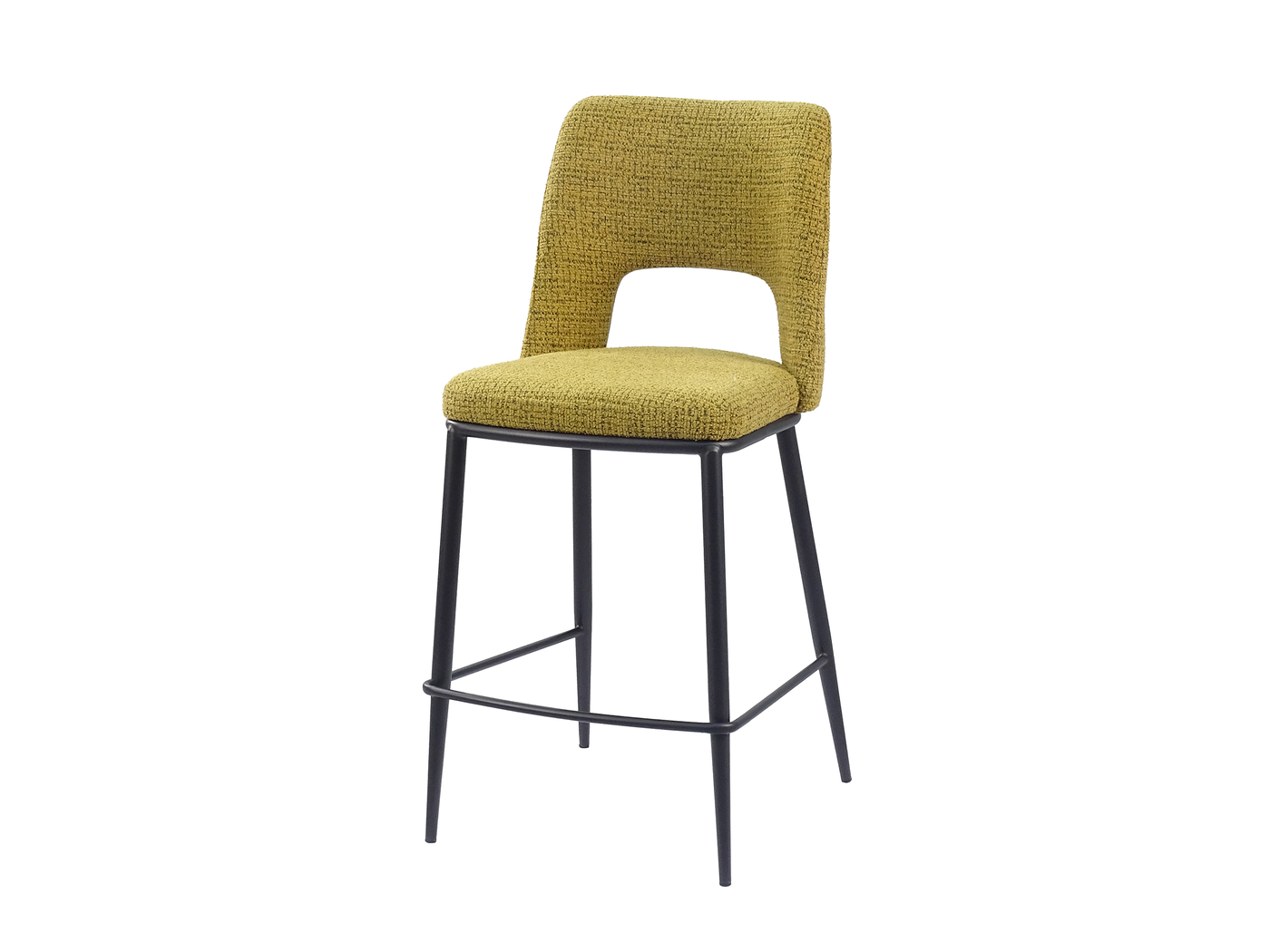 Three-quarter view of olive yellow bouclé open-back counter stool showing upholstered form against slender tapered black steel base — BC-120