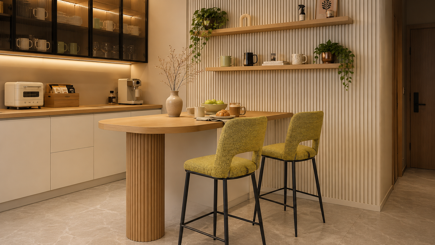 Two olive yellow bouclé open-back counter stools at a fluted oak kitchen island in a warm residential kitchen interior — BC-120

