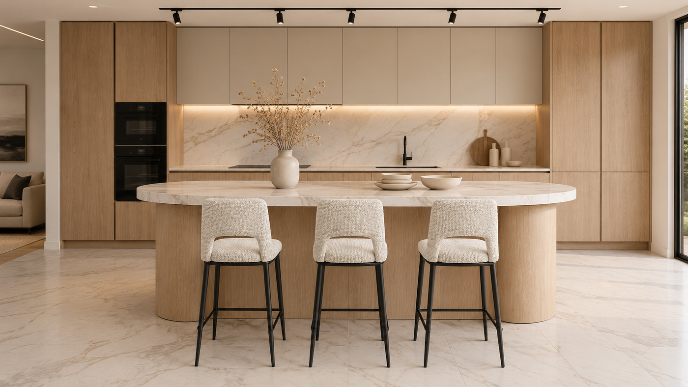 Three ivory bouclé open-back counter stools along an oval marble breakfast bar in an open-plan apartment kitchen with oak cabinetry — BC-120