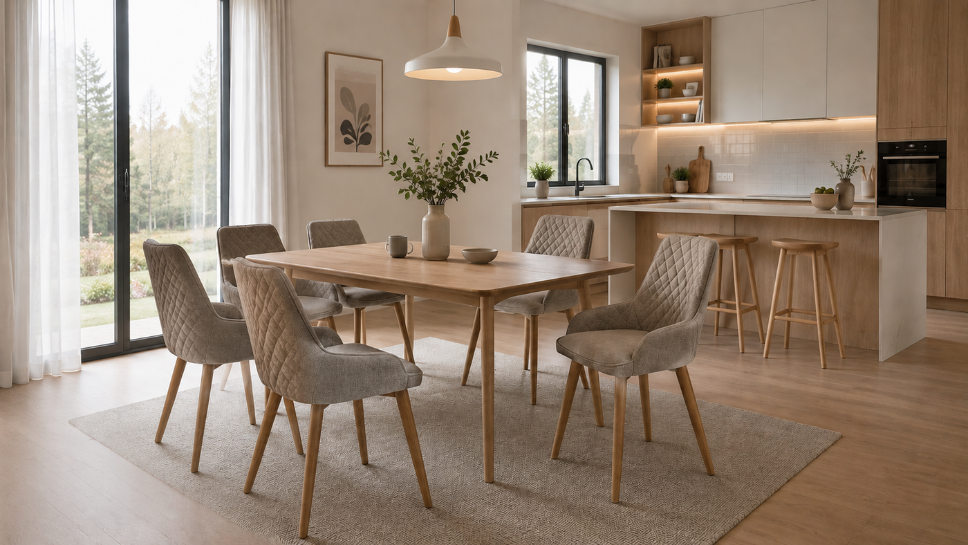 Bouclé diamond quilted dining chair in warm greige for open-plan residential kitchen dining room with wood-grain steel legs — DC-3260