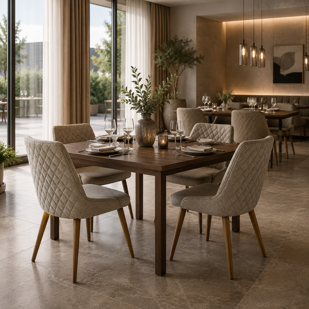 Bouclé diamond quilted dining chair in warm greige for modern residential dining room with walnut table and pendant lighting — GEYA Seating DC-3260