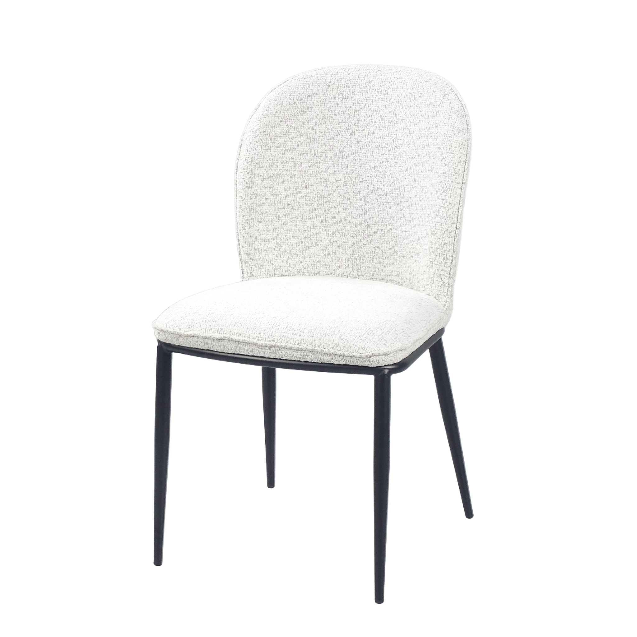 Rounded-back dining chair in ivory bouclé fabric with softly rounded backrest profile and slim tapered steel legs — DC-3061
