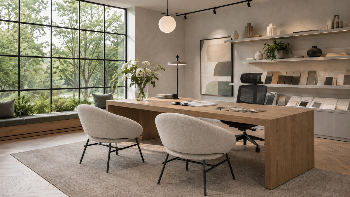 Curved-back Bouclé lounge armchairs in Chalk as visitor seating in design studio reception RC-09

