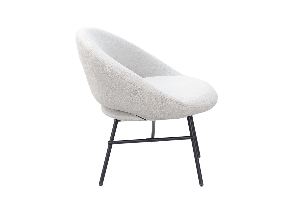 Side view of rounded-shell lounge armchair with angled round-tube legs in Chalk RC-09
