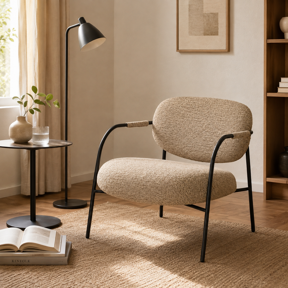 Bouclé lounge armchair in warm greige with black tubular steel arms in a residential reading corner RC-08