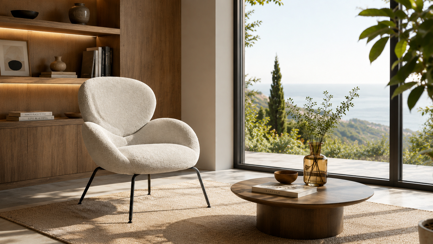 Rounded Bouclé Lounge Chair for Coastal Reading Corner with [