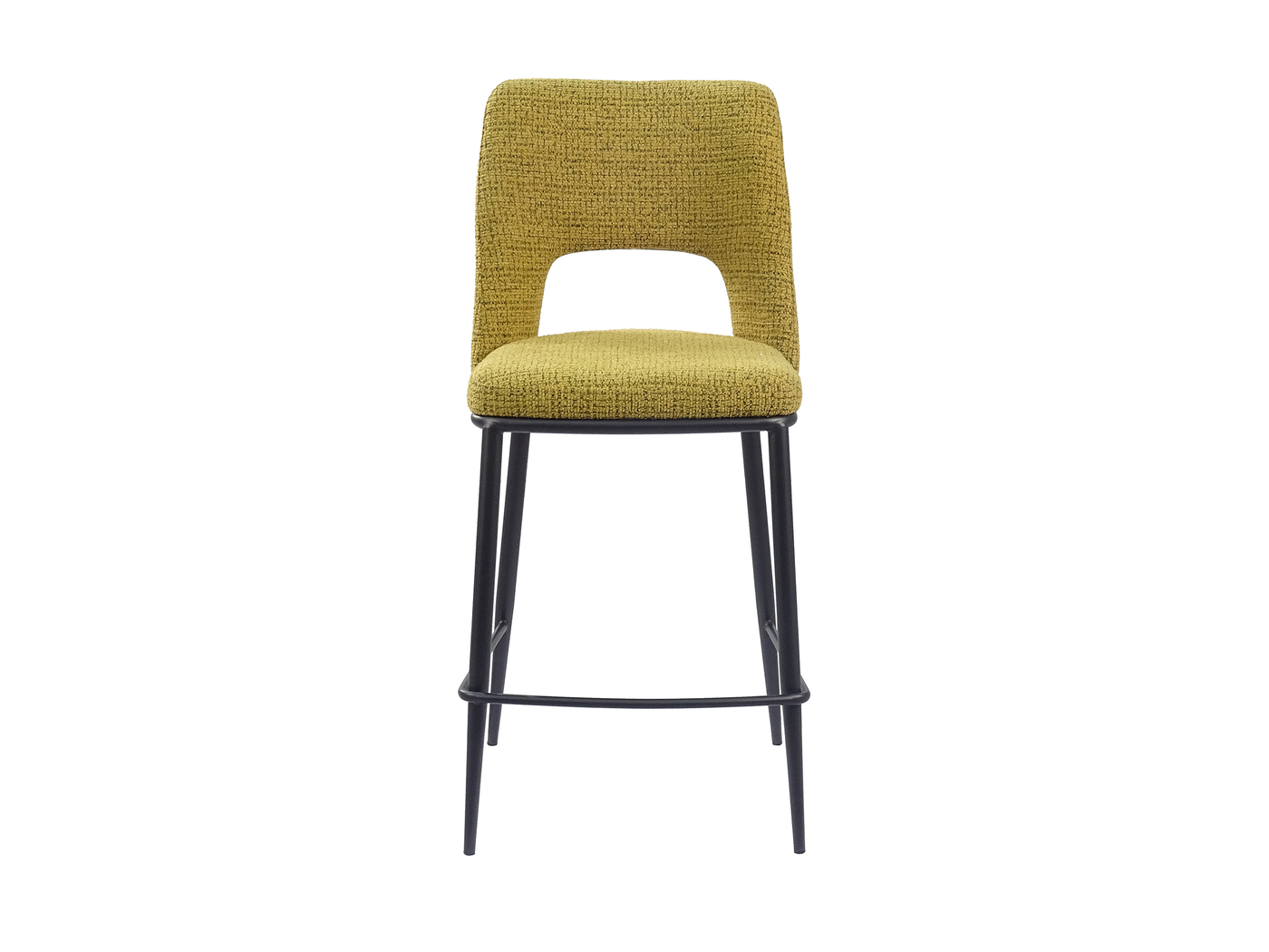 Front view of olive yellow decorative bouclé open-back counter stool showing rounded backrest cutout and cushioned seat — GEYA Seating BC-120