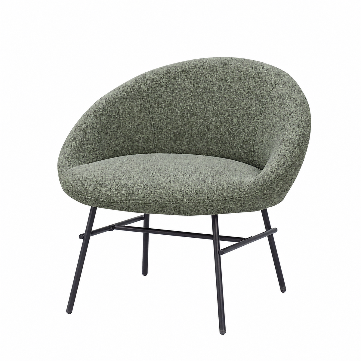 Rounded-shell upholstered lounge armchair in Sage Contract Bouclé RC-09