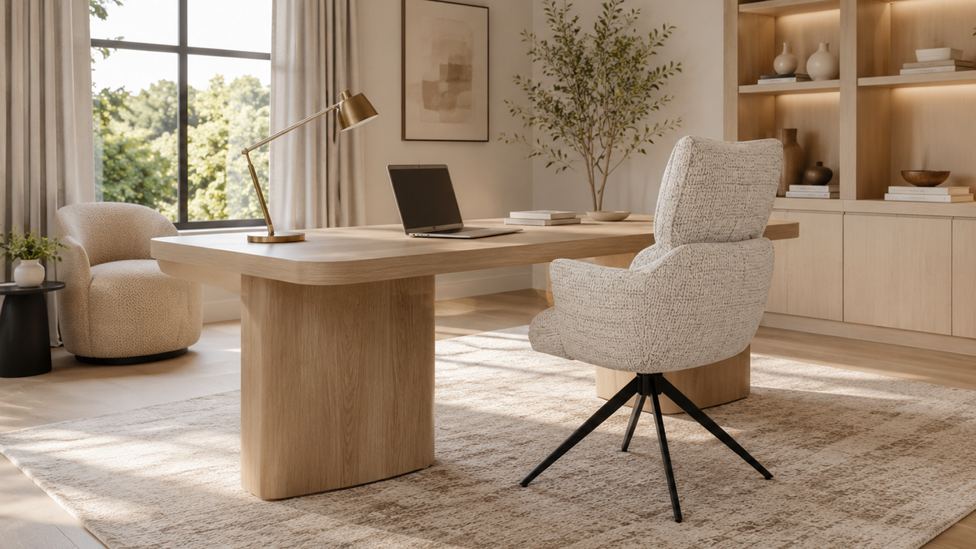 Ivory bouclé high-back swivel armchair at natural oak home office desk with brass lamp and warm timber shelving — DC-5035