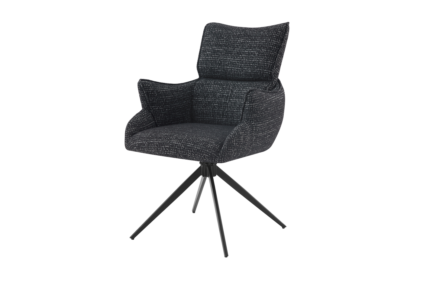 Three-quarter view of forest black bouclé high-back swivel armchair showing winged upholstered form against slender four-star steel base — DC-5035